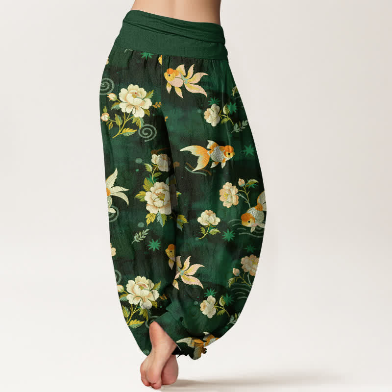 Buddha Stones Pantalon harem pour femme en pur coton à motif floral et carpes koï, taille élastique - image 7