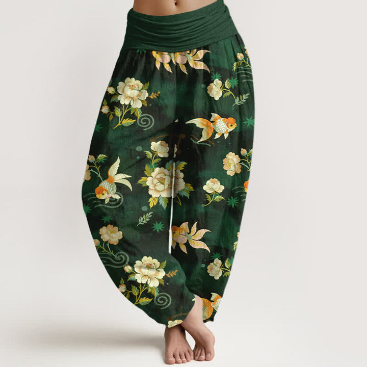 Buddha Stones Pantalon harem pour femme en pur coton à motif floral et carpes koï, taille élastique - Vert foncé - US16，UK/AU20，EU48 (3XL) - image 5