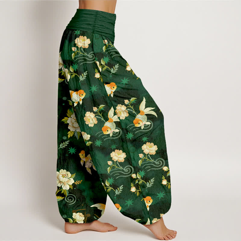 Buddha Stones Pantalon harem pour femme en pur coton à motif floral et carpes koï, taille élastique - image 6