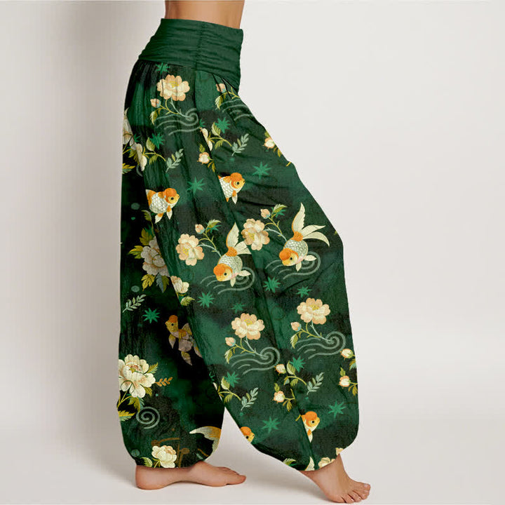 Buddha Stones Pantalon harem pour femme en pur coton à motif floral et carpes koï, taille élastique - image 6