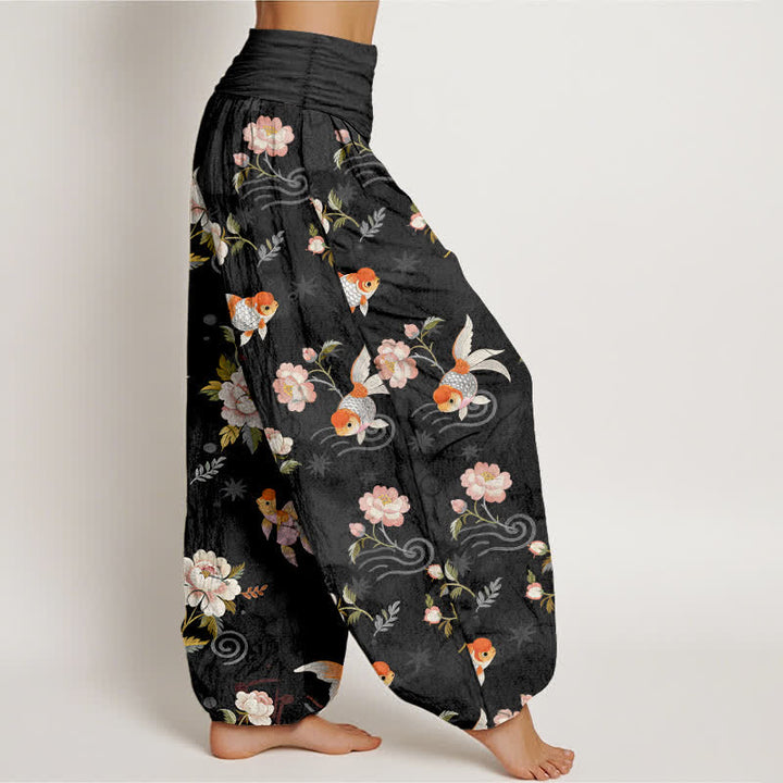 Buddha Stones Pantalon harem pour femme en pur coton à motif floral et carpes koï, taille élastique - image 9