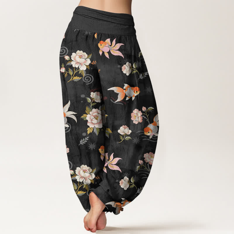 Buddha Stones Pantalon harem pour femme en pur coton à motif floral et carpes koï, taille élastique - image 10