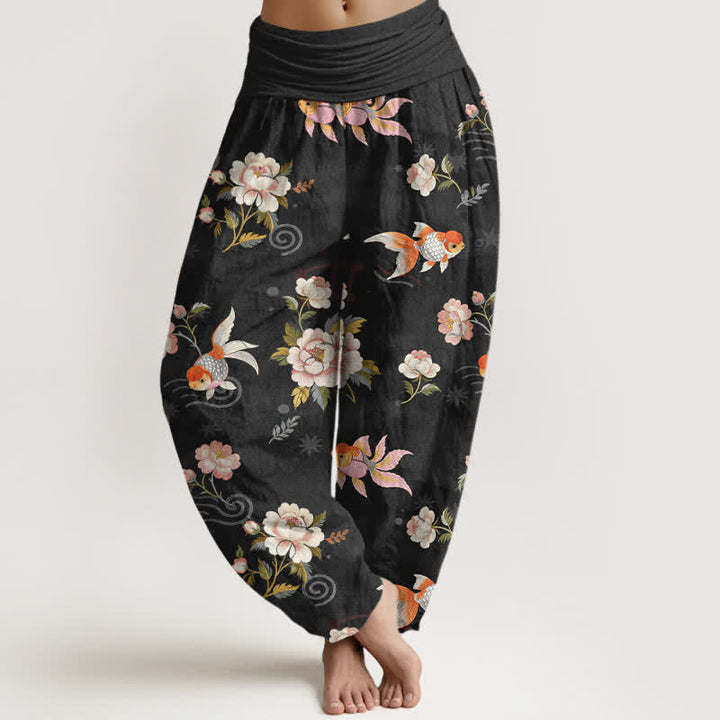 Buddha Stones Pantalon harem pour femme en pur coton à motif floral et carpes koï, taille élastique - Noir - US16，UK/AU20，EU48 (3XL) - image 8