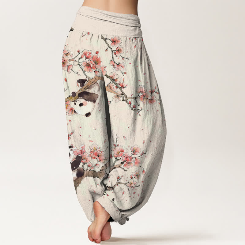 Buddha Stones Pantalon harem à taille élastique pour femme, motif panda et fleurs de cerisier, en pur coton - image 2