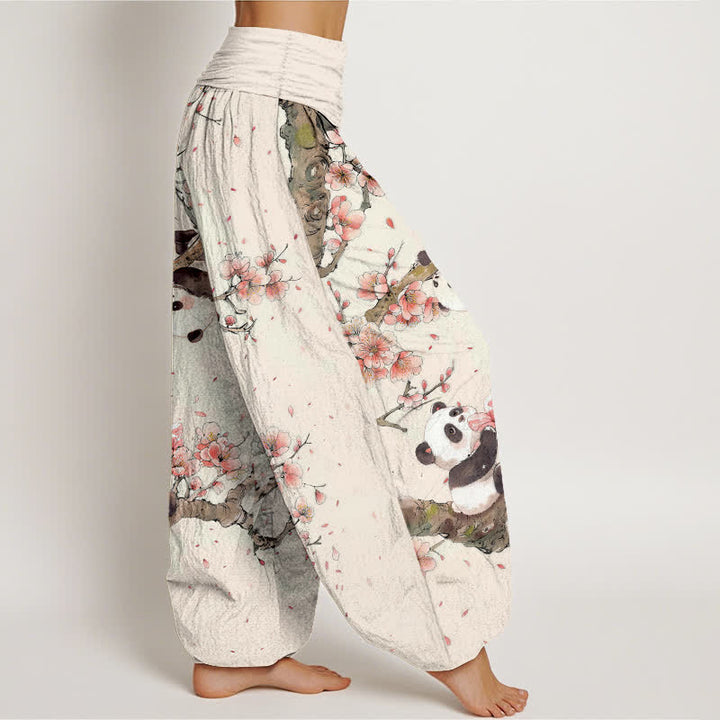 Buddha Stones Pantalon harem à taille élastique pour femme, motif panda et fleurs de cerisier, en pur coton - image 1