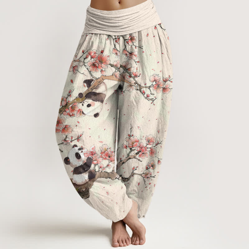 Buddha Stones Pantalon harem à taille élastique pour femme, motif panda et fleurs de cerisier, en pur coton - Lin - US16，UK/AU20，EU48 (3XL) - image 0