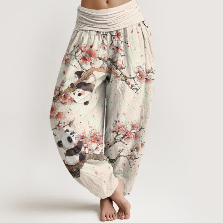 Buddha Stones Pantalon harem à taille élastique pour femme, motif panda et fleurs de cerisier, en pur coton - Lin - US16，UK/AU20，EU48 (3XL) - image 0