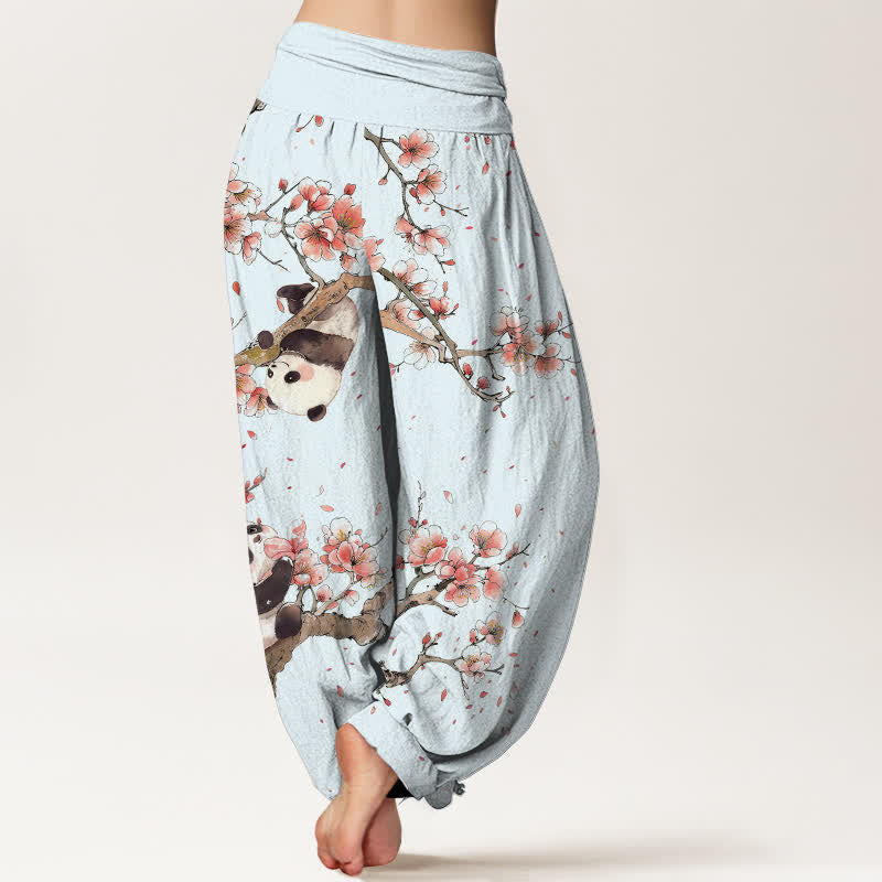 Buddha Stones Pantalon harem à taille élastique pour femme, motif panda et fleurs de cerisier, en pur coton - image 7