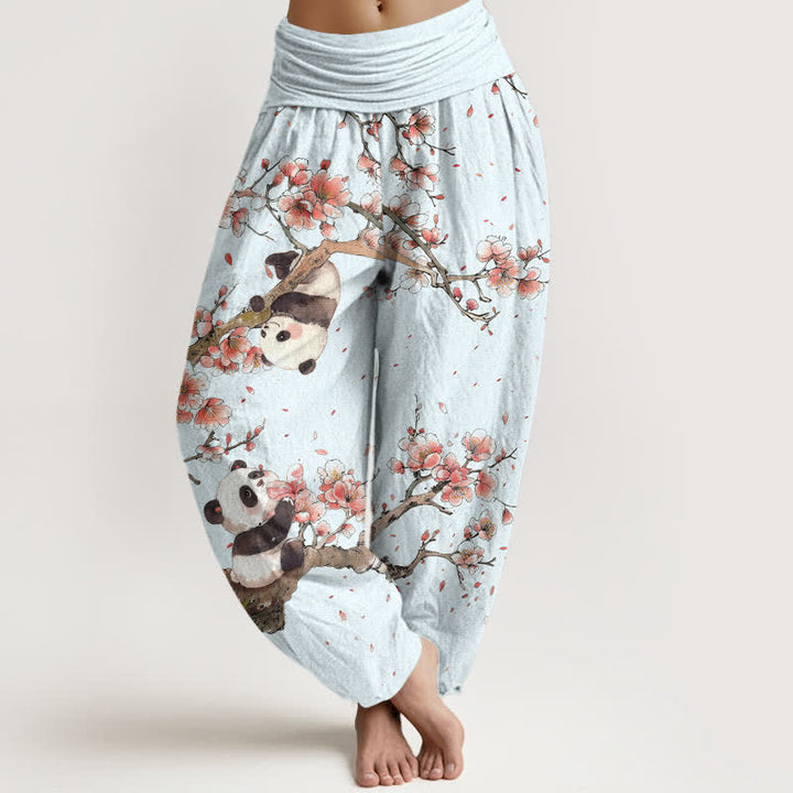 Buddha Stones Pantalon harem à taille élastique pour femme, motif panda et fleurs de cerisier, en pur coton - AliceBlue - US16，UK/AU20，EU48 (3XL) - image 5