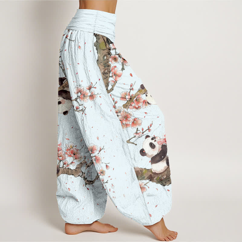Buddha Stones Pantalon harem à taille élastique pour femme, motif panda et fleurs de cerisier, en pur coton - image 6