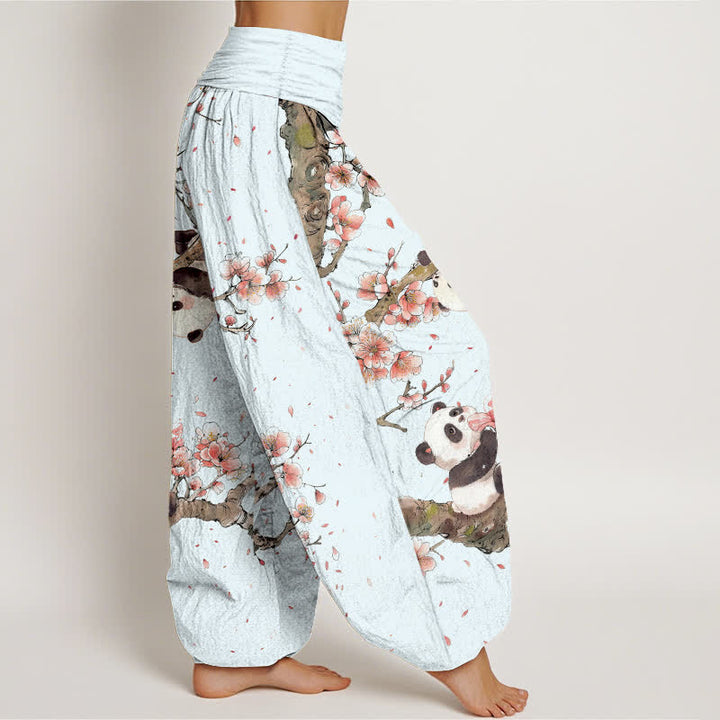 Buddha Stones Pantalon harem à taille élastique pour femme, motif panda et fleurs de cerisier, en pur coton - image 6