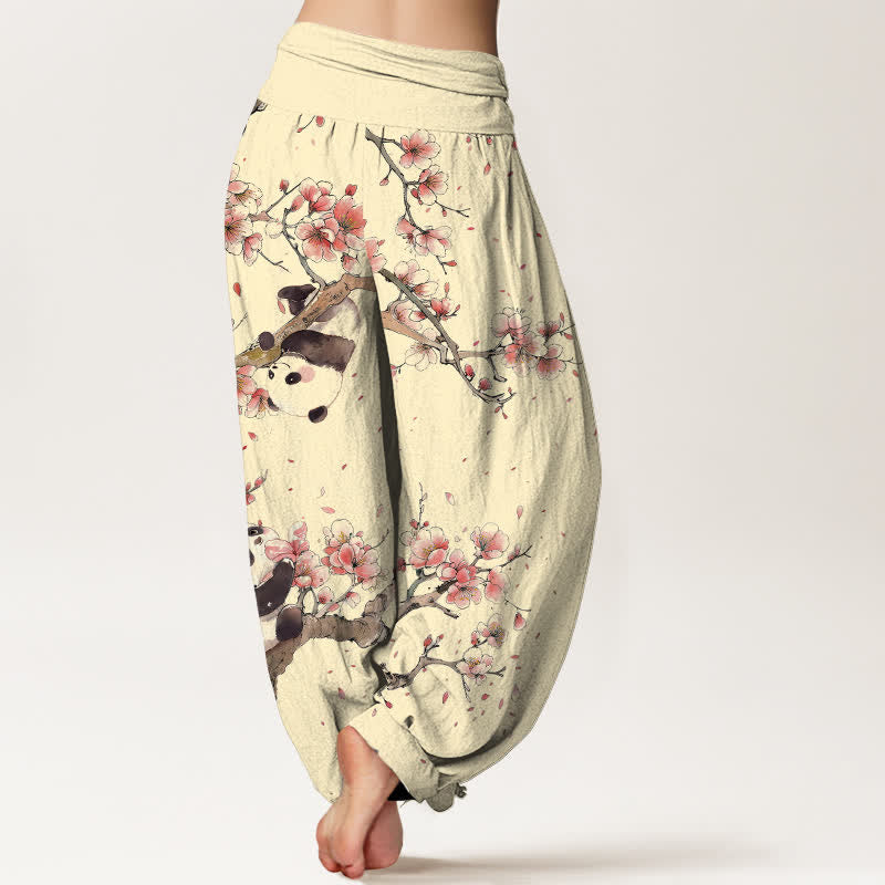 Buddha Stones Pantalon harem à taille élastique pour femme, motif panda et fleurs de cerisier, en pur coton - image 10