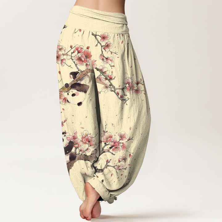 Buddha Stones Pantalon harem à taille élastique pour femme, motif panda et fleurs de cerisier, en pur coton - image 10