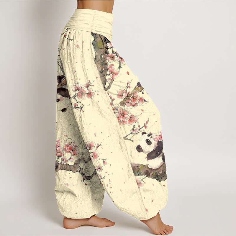 Buddha Stones Pantalon harem à taille élastique pour femme, motif panda et fleurs de cerisier, en pur coton - image 9