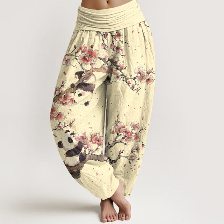 Buddha Stones Pantalon harem à taille élastique pour femme, motif panda et fleurs de cerisier, en pur coton - LemonChiffon - US16，UK/AU20，EU48 (3XL) - image 8