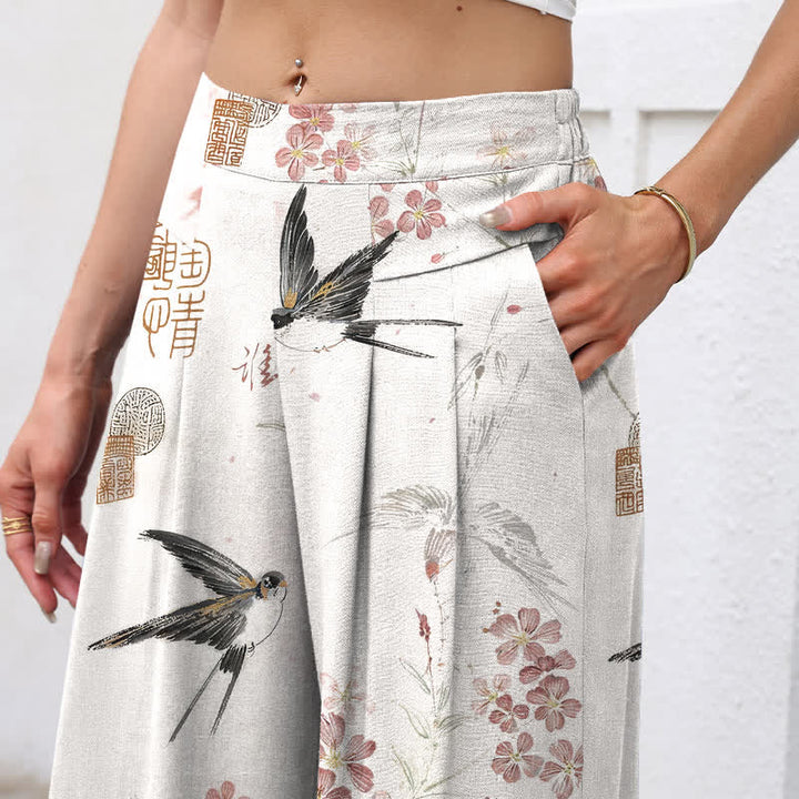 Buddha Stones Pantalon large en coton et lin à motif floral et oiseaux pour femme, taille élastique et poches - image 2
