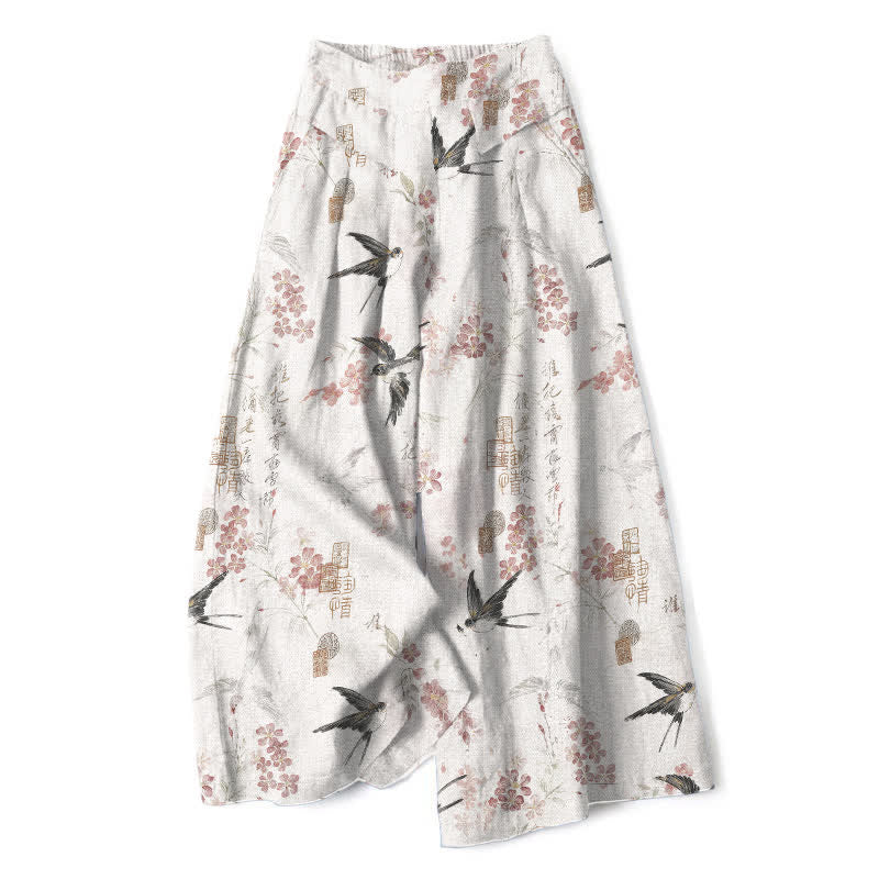 Buddha Stones Pantalon large en coton et lin à motif floral et oiseaux pour femme, taille élastique et poches - Blanc - US16，UK/AU20，EU48 (3XL) - image 0