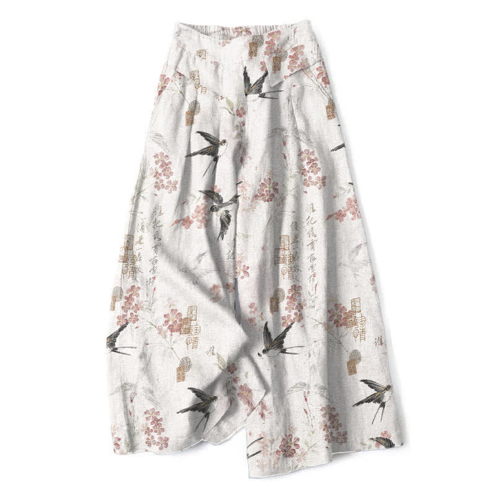 Buddha Stones Pantalon large en coton et lin à motif floral et oiseaux pour femme, taille élastique et poches - Blanc - US16，UK/AU20，EU48 (3XL) - image 0