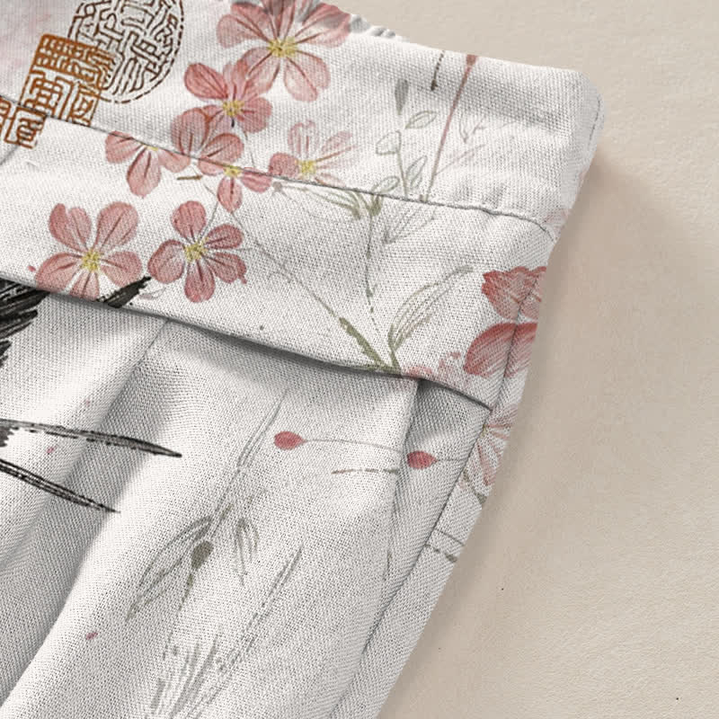Buddha Stones Pantalon large en coton et lin à motif floral et oiseaux pour femme, taille élastique et poches - image 3