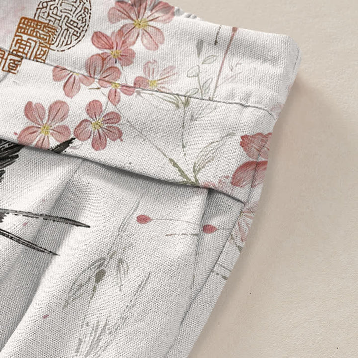 Buddha Stones Pantalon large en coton et lin à motif floral et oiseaux pour femme, taille élastique et poches - image 3