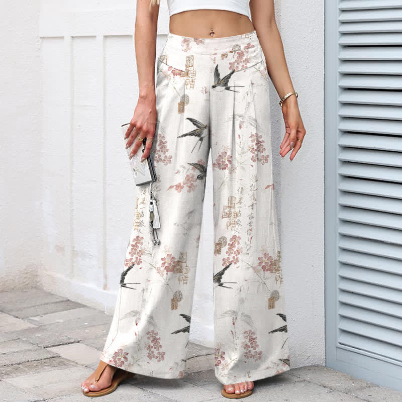 Buddha Stones Pantalon large en coton et lin à motif floral et oiseaux pour femme, taille élastique et poches - image 1