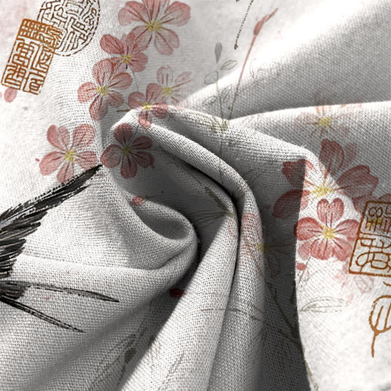 Buddha Stones Pantalon large en coton et lin à motif floral et oiseaux pour femme, taille élastique et poches - image 4