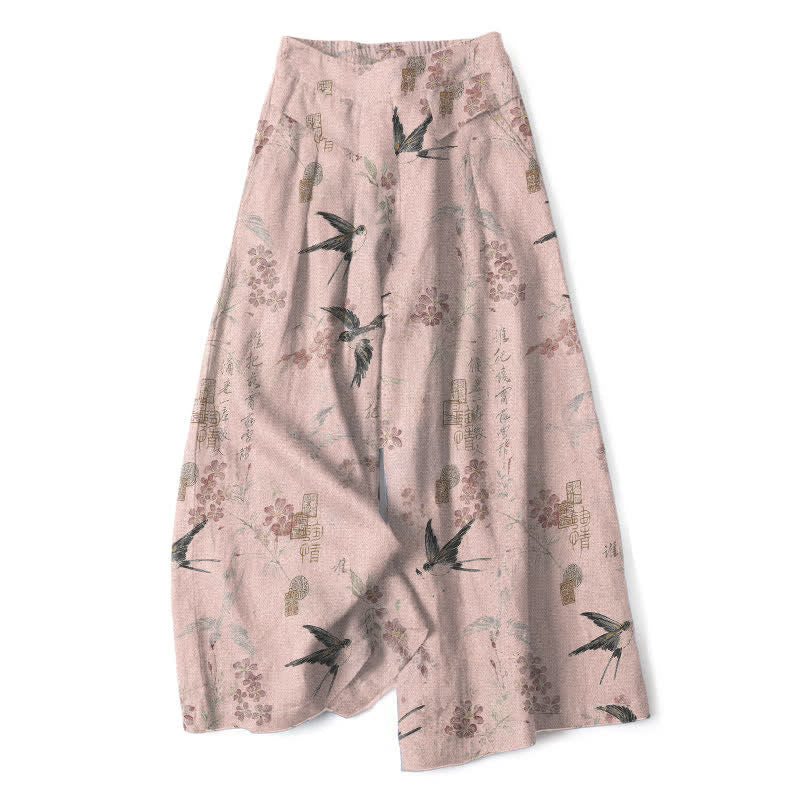 Buddha Stones Pantalon large en coton et lin à motif floral et oiseaux pour femme, taille élastique et poches - Rose clair - US16，UK/AU20，EU48 (3XL) - image 5