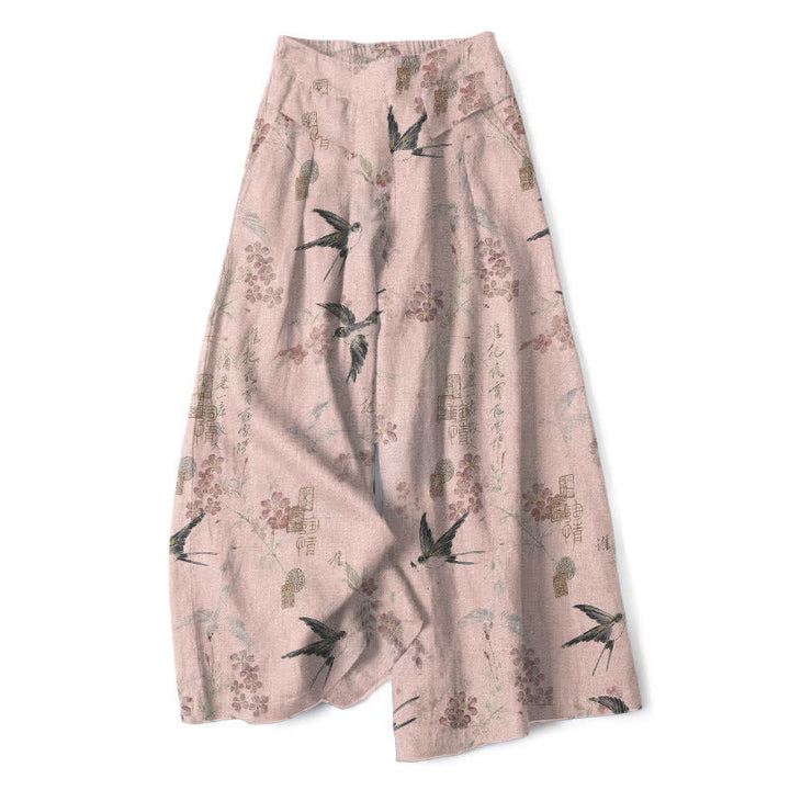 Buddha Stones Pantalon large en coton et lin à motif floral et oiseaux pour femme, taille élastique et poches - Rose clair - US16，UK/AU20，EU48 (3XL) - image 5