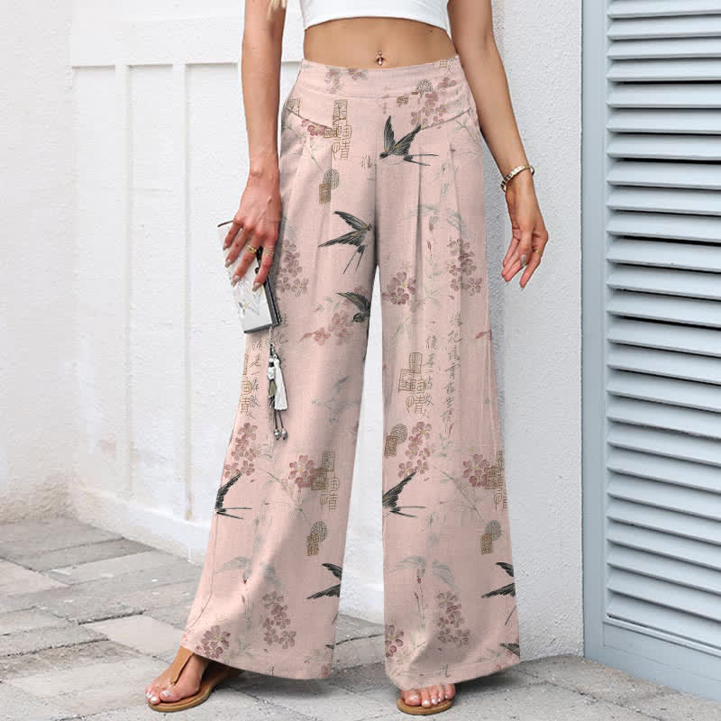 Buddha Stones Pantalon large en coton et lin à motif floral et oiseaux pour femme, taille élastique et poches - image 6