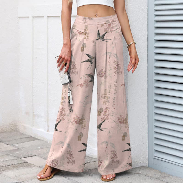 Buddha Stones Pantalon large en coton et lin à motif floral et oiseaux pour femme, taille élastique et poches - image 6