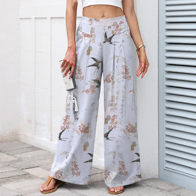 Buddha Stones Pantalon large en coton et lin à motif floral et oiseaux pour femme, taille élastique et poches - image 8