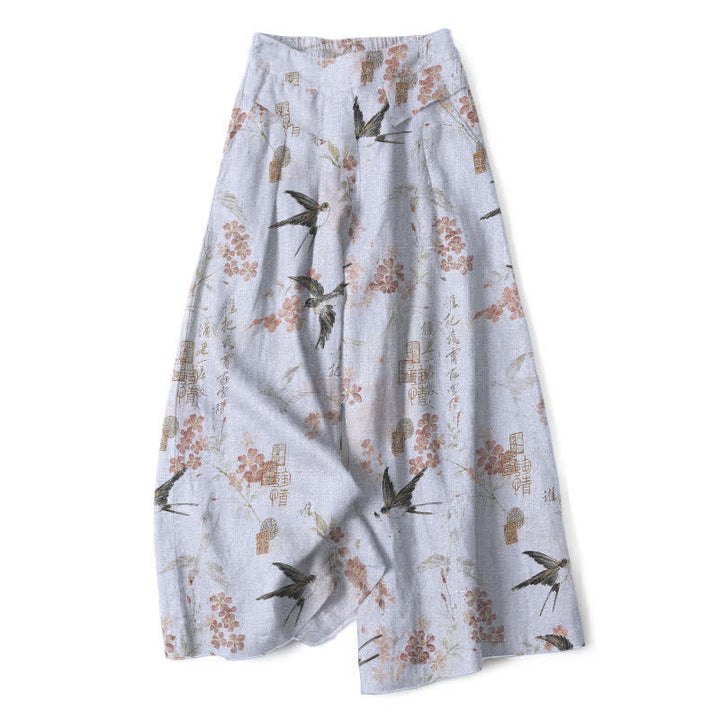 Buddha Stones Pantalon large en coton et lin à motif floral et oiseaux pour femme, taille élastique et poches - Bleu acier clair - US16，UK/AU20，EU48 (3XL) - image 7