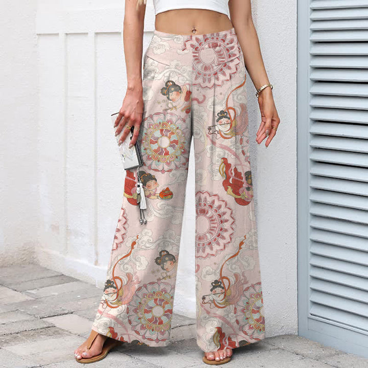 Buddha Stones Pantalon large en coton et lin à motif floral féerique pour femme, taille élastique et poches - image 1