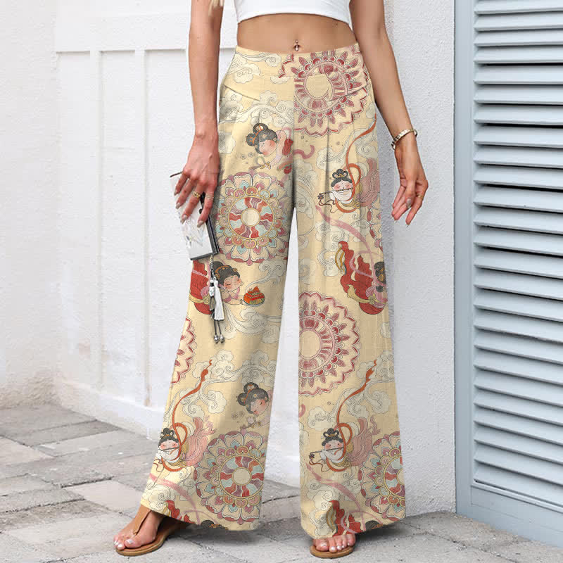 Buddha Stones Pantalon large en coton et lin à motif floral féerique pour femme, taille élastique et poches - image 6