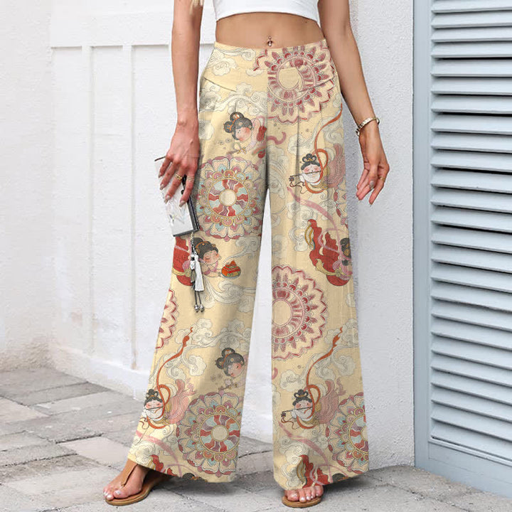 Buddha Stones Pantalon large en coton et lin à motif floral féerique pour femme, taille élastique et poches - image 6