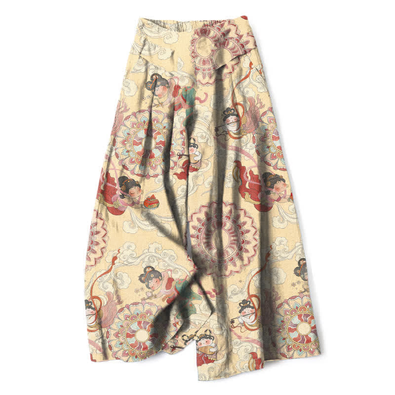 Buddha Stones Pantalon large en coton et lin à motif floral féerique pour femme, taille élastique et poches - Jaune d'or pâle - US16，UK/AU20，EU48 (3XL) - image 5
