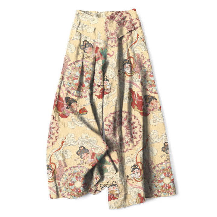 Buddha Stones Pantalon large en coton et lin à motif floral féerique pour femme, taille élastique et poches - Jaune d'or pâle - US16，UK/AU20，EU48 (3XL) - image 5