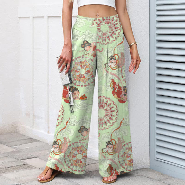 Buddha Stones Pantalon large en coton et lin à motif floral féerique pour femme, taille élastique et poches - image 8