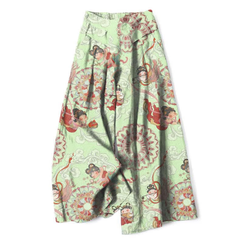 Buddha Stones Pantalon large en coton et lin à motif floral féerique pour femme, taille élastique et poches - Melon miellat - US16，UK/AU20，EU48 (3XL) - image 7