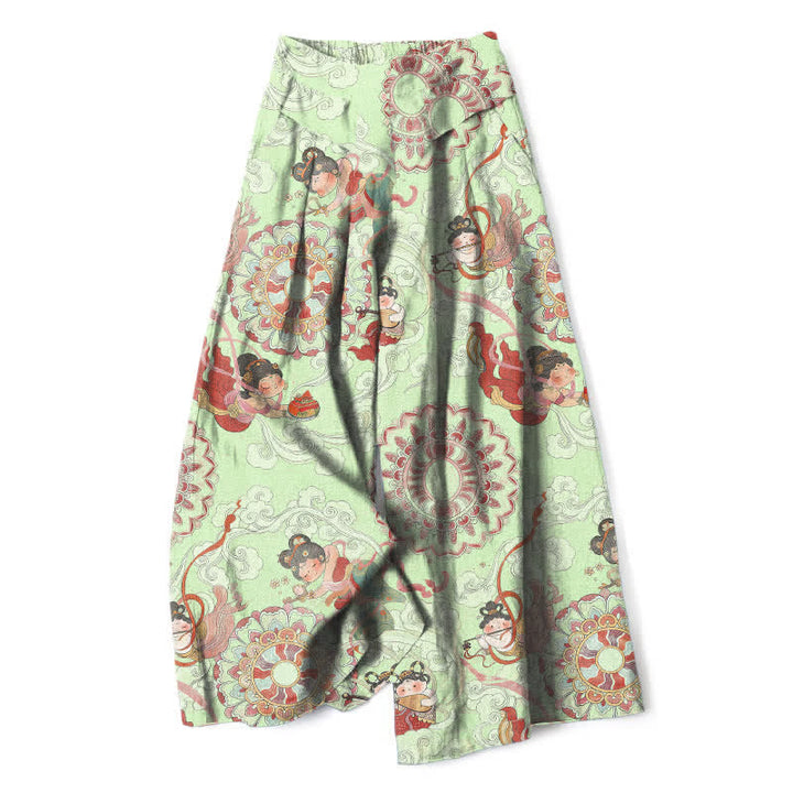 Buddha Stones Pantalon large en coton et lin à motif floral féerique pour femme, taille élastique et poches - Melon miellat - US16，UK/AU20，EU48 (3XL) - image 7