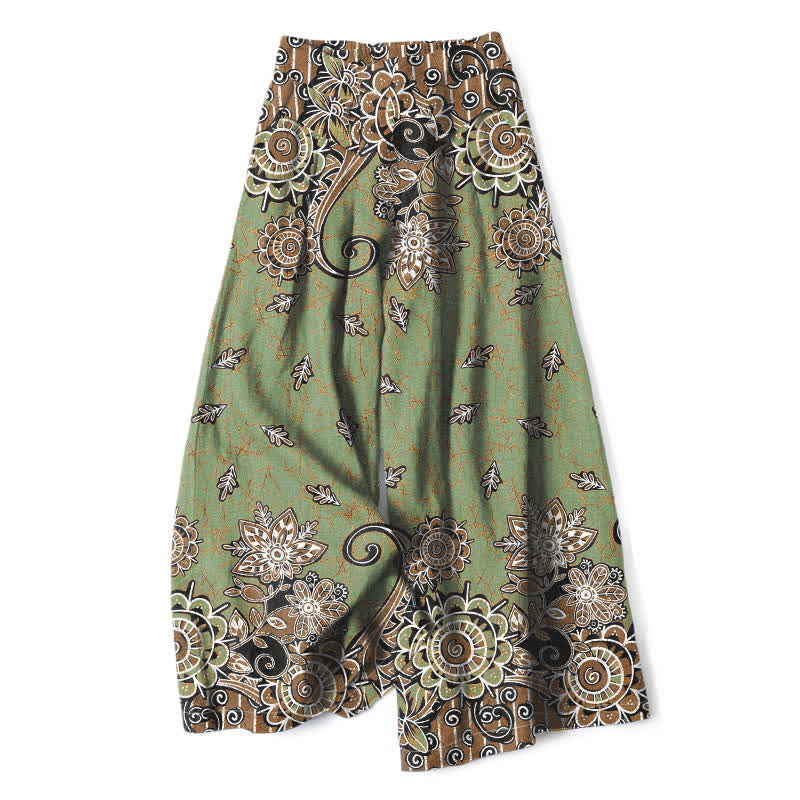 Buddha Stones Pantalon bohème en coton et lin à motif mandala et taille élastique, jambes larges et poches pour femme - Vert olive - US16，UK/AU20，EU48 (3XL) - image 0