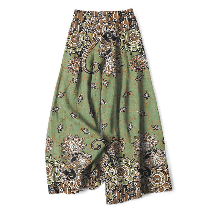 Buddha Stones Pantalon bohème en coton et lin à motif mandala et taille élastique, jambes larges et poches pour femme - Vert olive - US16，UK/AU20，EU48 (3XL) - image 0