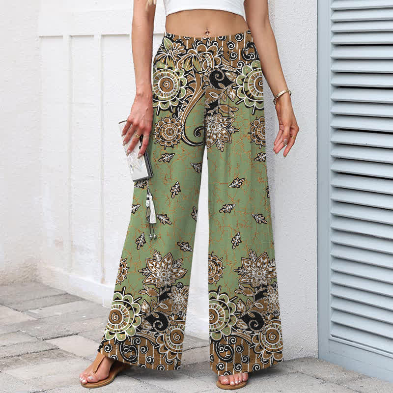 Buddha Stones Pantalon bohème en coton et lin à motif mandala et taille élastique, jambes larges et poches pour femme - image 1