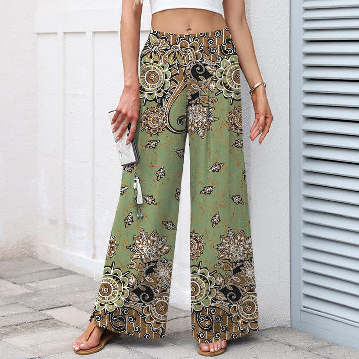 Buddha Stones Pantalon bohème en coton et lin à motif mandala et taille élastique, jambes larges et poches pour femme - image 1