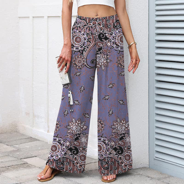 Buddha Stones Pantalon bohème en coton et lin à motif mandala et taille élastique, jambes larges et poches pour femme - image 6