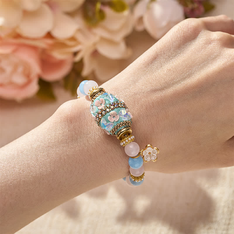 Buddha Stones Bracelet à perles rondes en quartz rose, calcédoine bleue et cuivre, pendentif fleur et bracelet à perles rondes « amour ». - image 4