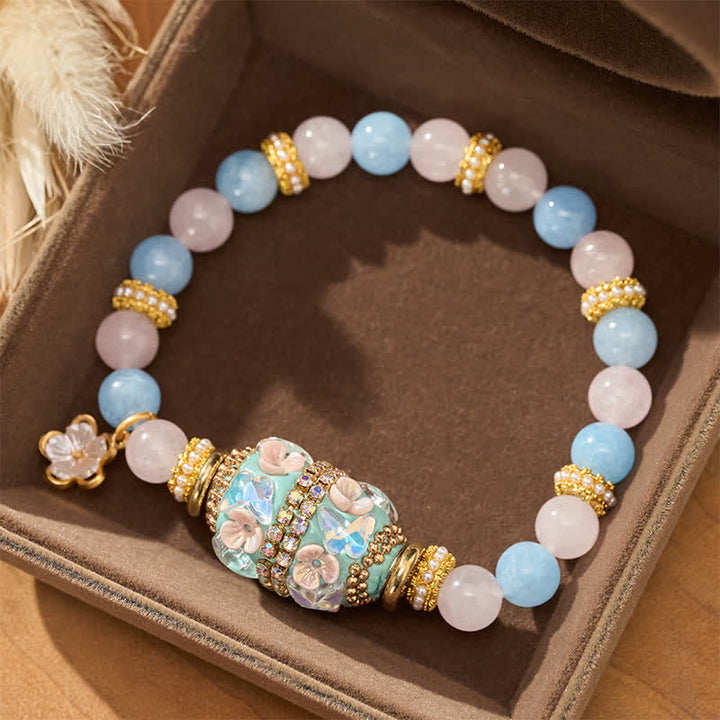 Buddha Stones Bracelet à perles rondes en quartz rose, calcédoine bleue et cuivre, pendentif fleur et bracelet à perles rondes « amour ». - image 2