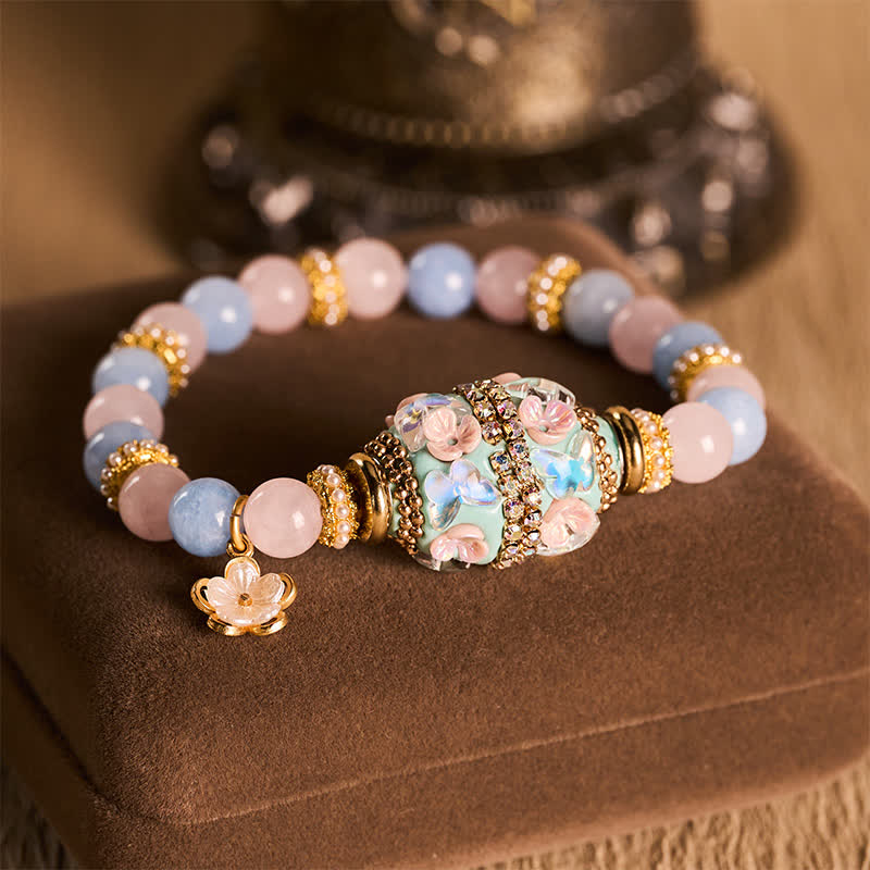 Buddha Stones Bracelet à perles rondes en quartz rose, calcédoine bleue et cuivre, pendentif fleur et bracelet à perles rondes « amour ». - Quartz rose, calcédoine bleue (tour de poignet : 15–16 cm) - image 0