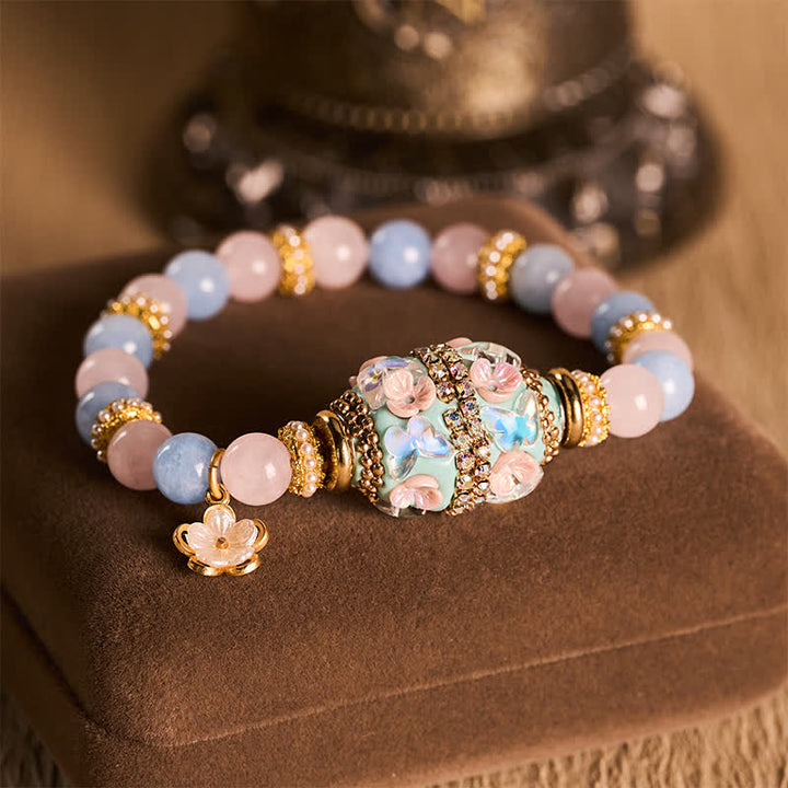 Buddha Stones Bracelet à perles rondes en quartz rose, calcédoine bleue et cuivre, pendentif fleur et bracelet à perles rondes « amour ». - Quartz rose, calcédoine bleue (tour de poignet : 15–16 cm) - image 0
