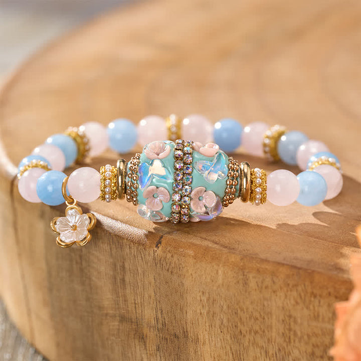 Buddha Stones Bracelet à perles rondes en quartz rose, calcédoine bleue et cuivre, pendentif fleur et bracelet à perles rondes « amour ». - image 3